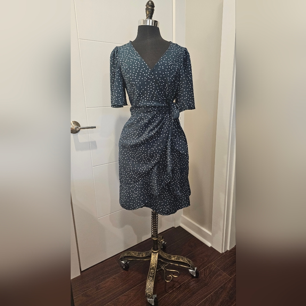 NWOT Shein Ruffle Hem Polka Dots Wrap Dress, Green, S